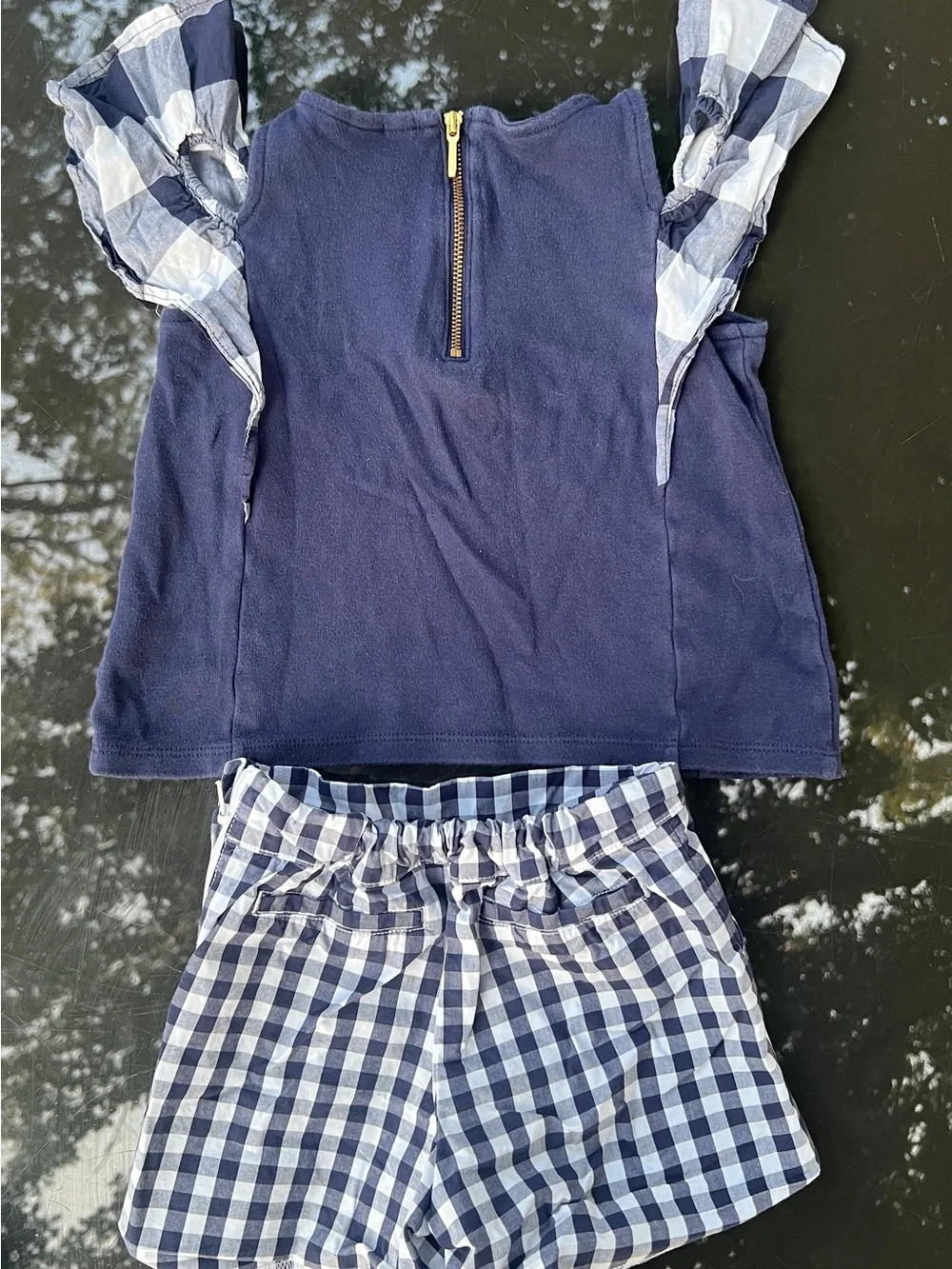 Janie and Jack Girls Size 5 2pc Outfit Set Navy Gingham Top & Shorts Ruffle